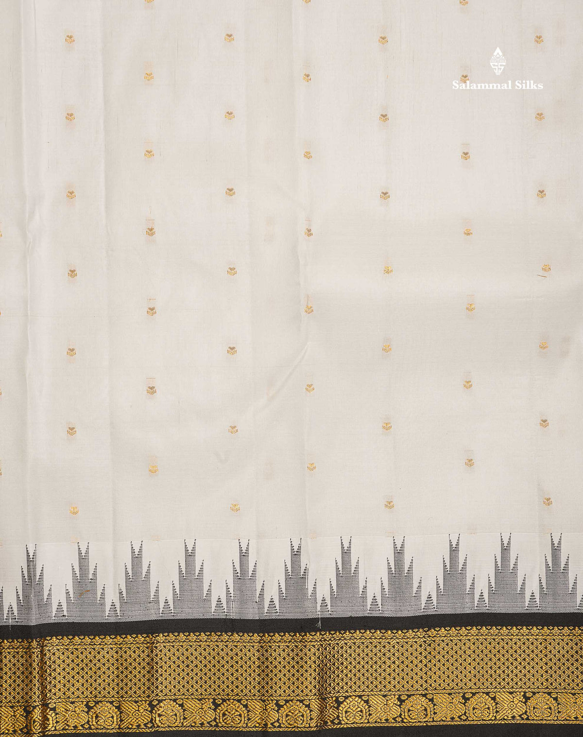 Pure Kanjivaram Silk Saree - White Colour Body Zari Butta & Contrast Black Traditional Temple Border