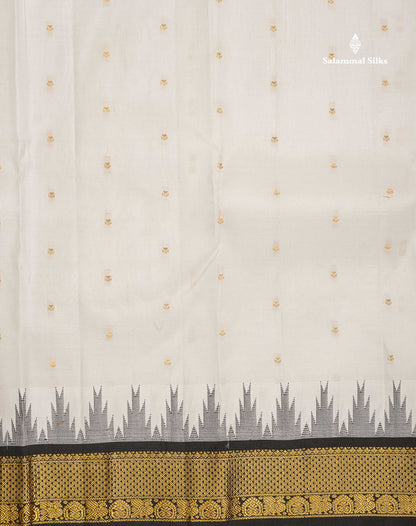 Pure Kanjivaram Silk Saree - White Colour Body Zari Butta & Contrast Black Traditional Temple Border