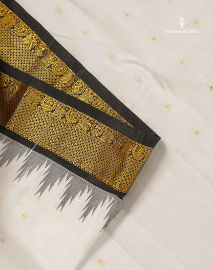 Pure Kanjivaram Silk Saree - White Colour Body Zari Butta & Contrast Black Traditional Temple Border