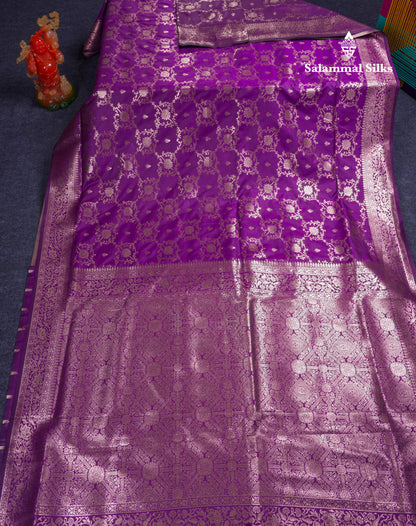 Beautiful Dark Maroon Semi Banaras Saree With Fancy Border