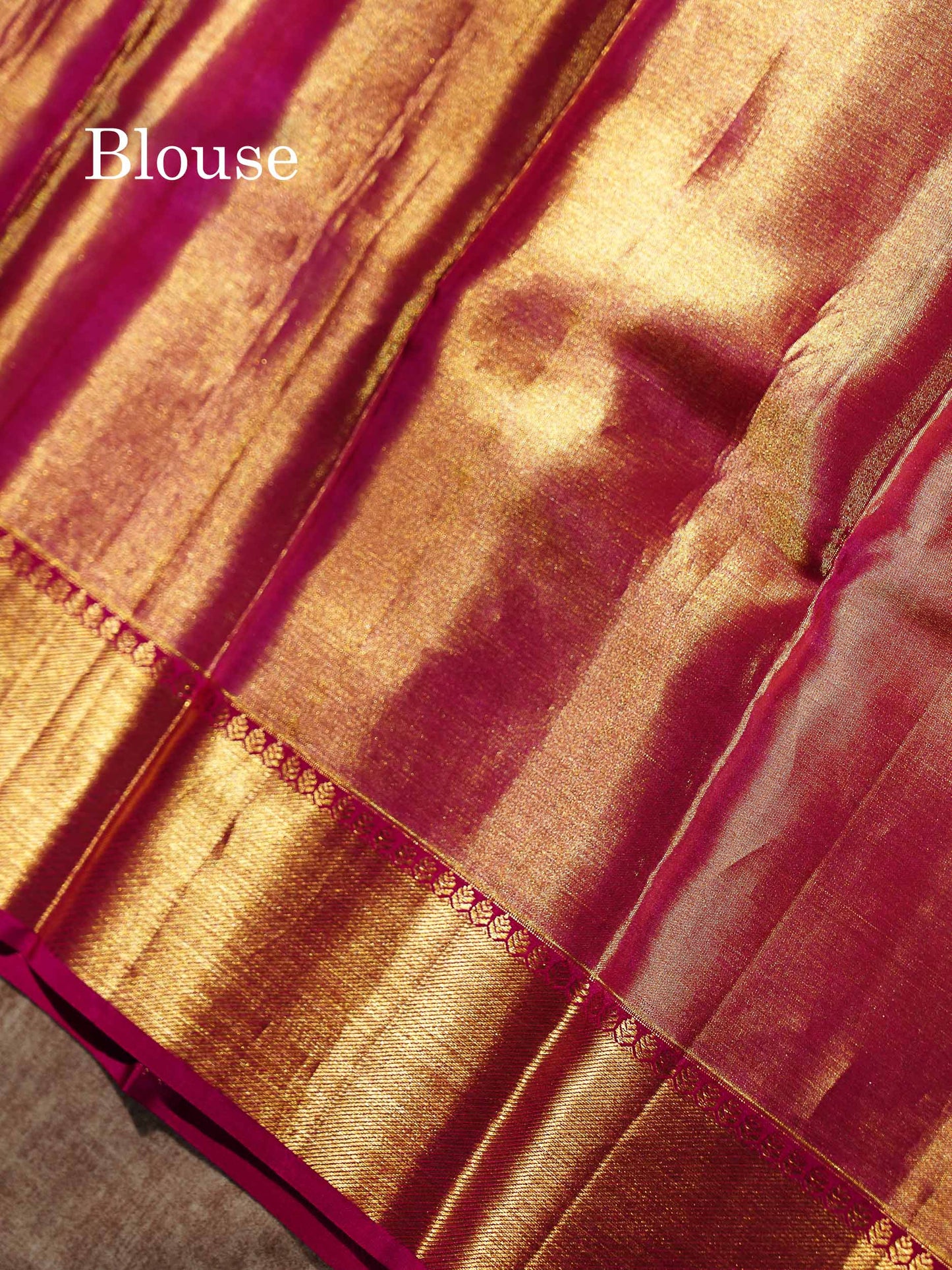 Gold Tissue Bridal Pure Kanjivaram Silk Saree With Contrast Magenta Pink Border