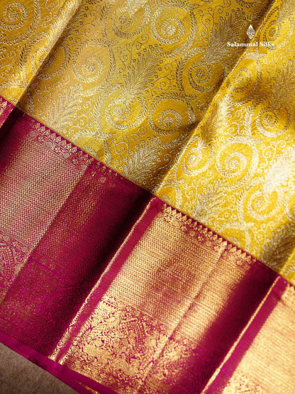 Gold Tissue Bridal Pure Kanjivaram Silk Saree With Contrast Magenta Pink Border