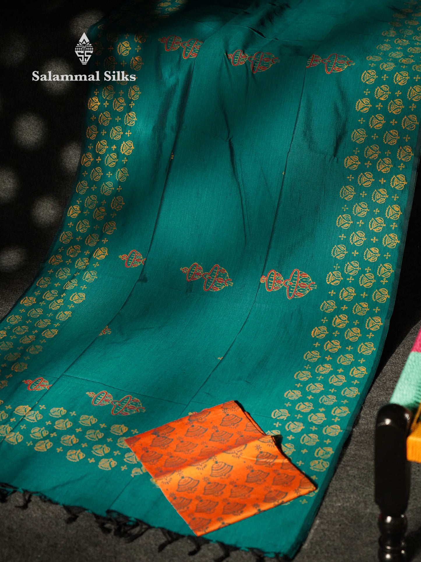 Beautiful Peacock Blue Printed South Cotton Saree With Contrast Fanta Orange Blouse