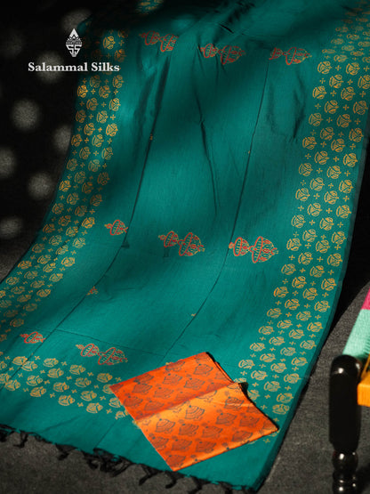 Beautiful Peacock Blue Printed South Cotton Saree With Contrast Fanta Orange Blouse