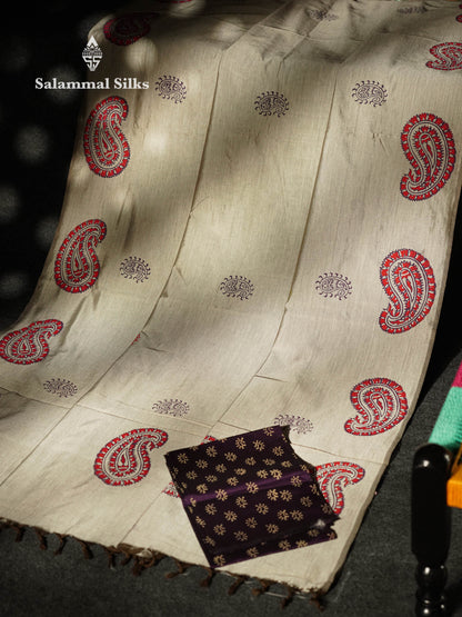 Beautiful Light Grey Printed South Cotton Saree With Contrast Violet Blouse