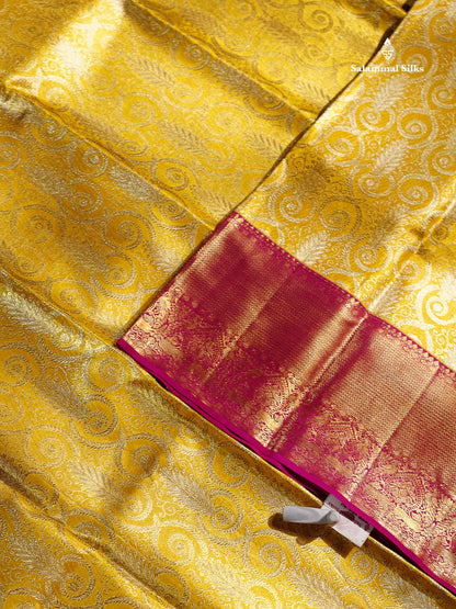 Gold Tissue Bridal Pure Kanjivaram Silk Saree With Contrast Magenta Pink Border
