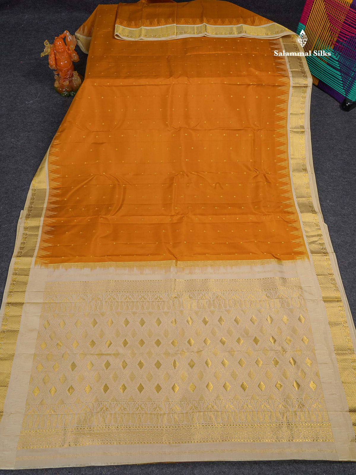 Pure Kanjivaram Silk Saree - Mustard Yellow Colour Body Zari Butta & Contrast Beige Traditional Temple Border