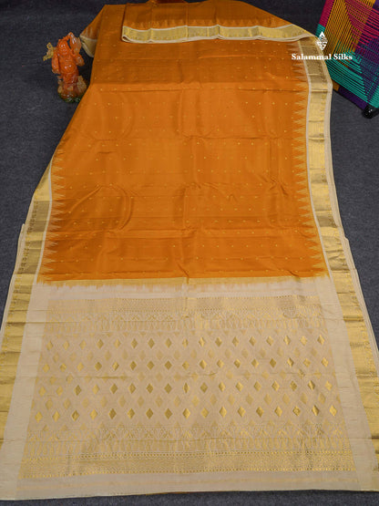 Pure Kanjivaram Silk Saree - Mustard Yellow Colour Body Zari Butta & Contrast Beige Traditional Temple Border