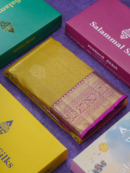 Mehandi Green Small Vairaoosi Checks Pure Kanjivaram Silk Saree With Violet Border