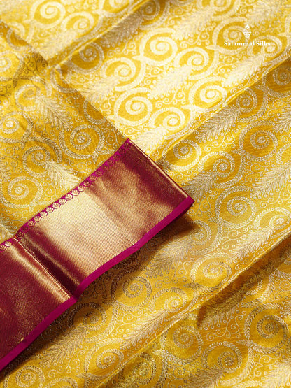 Gold Tissue Bridal Pure Kanjivaram Silk Saree With Contrast Magenta Pink Border