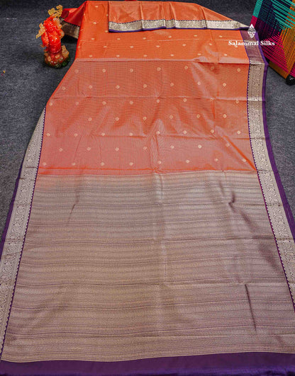 Semi Silk Saree - Snuff Brown Butta With Vaira Oosi Checks Along With Contrast Chilly Red Traditional Small Border