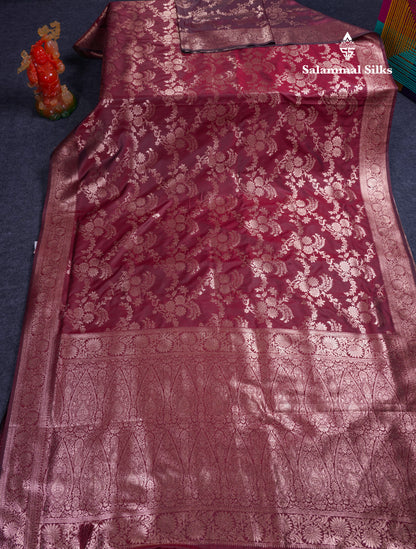 Beautiful Dark Maroon Semi Banaras Saree With Fancy Border