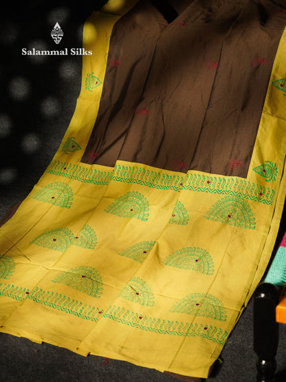 Beautiful Coffe Brown Mirror Work Printed South Cotton Saree With Contrast Parrot Green Blouse