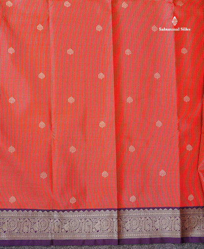 Semi Silk Saree - Snuff Brown Butta With Vaira Oosi Checks Along With Contrast Chilly Red Traditional Small Border