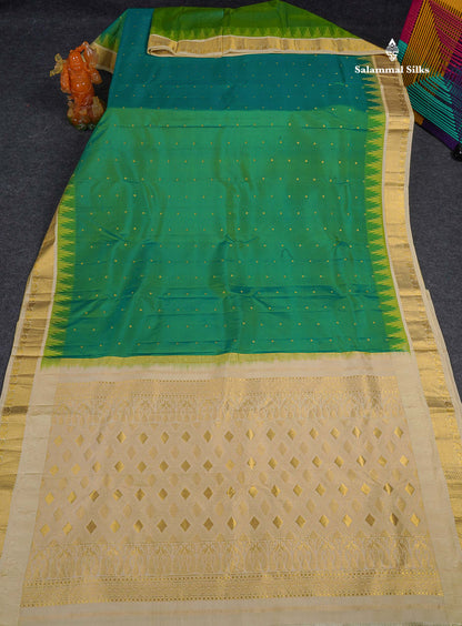 Pure Kanjivaram Silk Saree - Sapphire Green Colour Body Zari Butta & Contrast Bige Traditional Temple Border