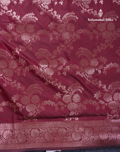 Beautiful Dark Maroon Semi Banaras Saree With Fancy Border