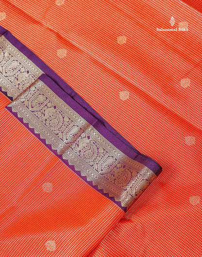 Semi Silk Saree - Snuff Brown Butta With Vaira Oosi Checks Along With Contrast Chilly Red Traditional Small Border