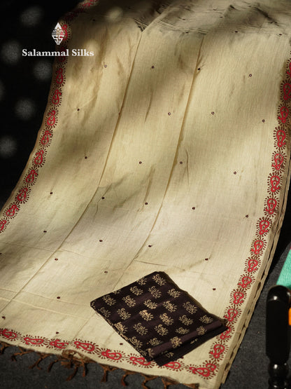Beautiful Beige Mirror Work Printed South Cotton Saree With Contrast Dark Brown Blouse