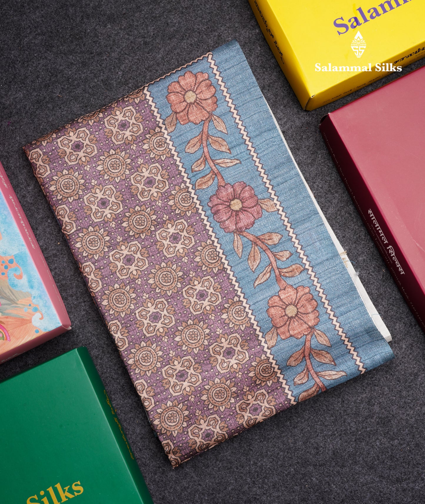 Purple Colour Semi Tussar Ajrah Kalamkari Print Saree With Contrast Pista Green Border