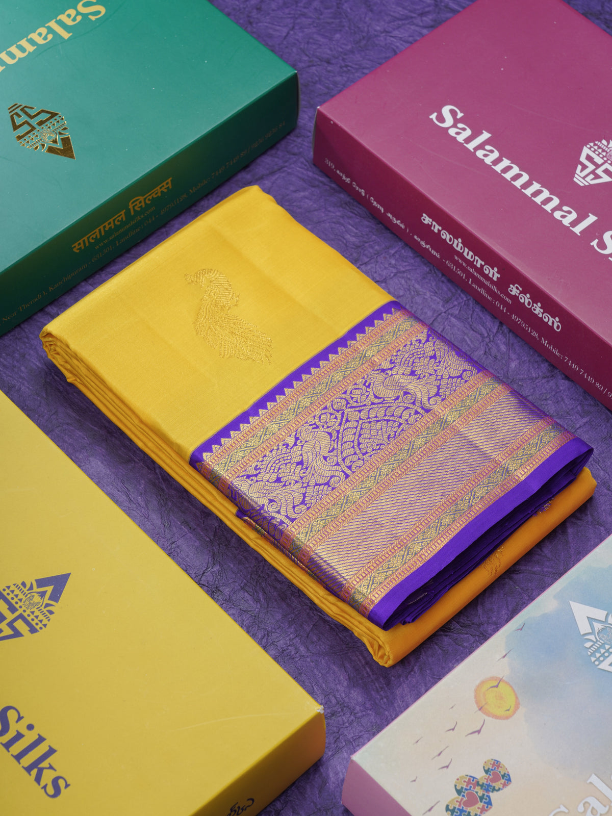 Yellow Beautiful Pure Kanjivaram Silk Saree With Traditional Violet Korvai Border