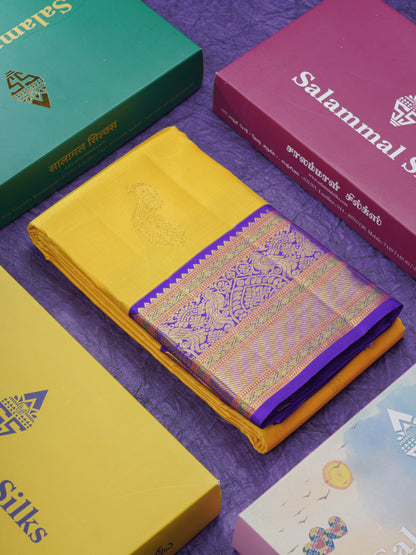 Yellow Beautiful Pure Kanjivaram Silk Saree With Traditional Violet Korvai Border