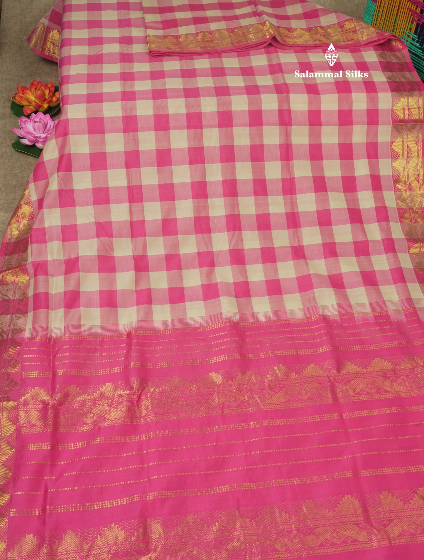 Paalum Pazham Checks Pure Silk Cotton Saree With Gold Zari Border