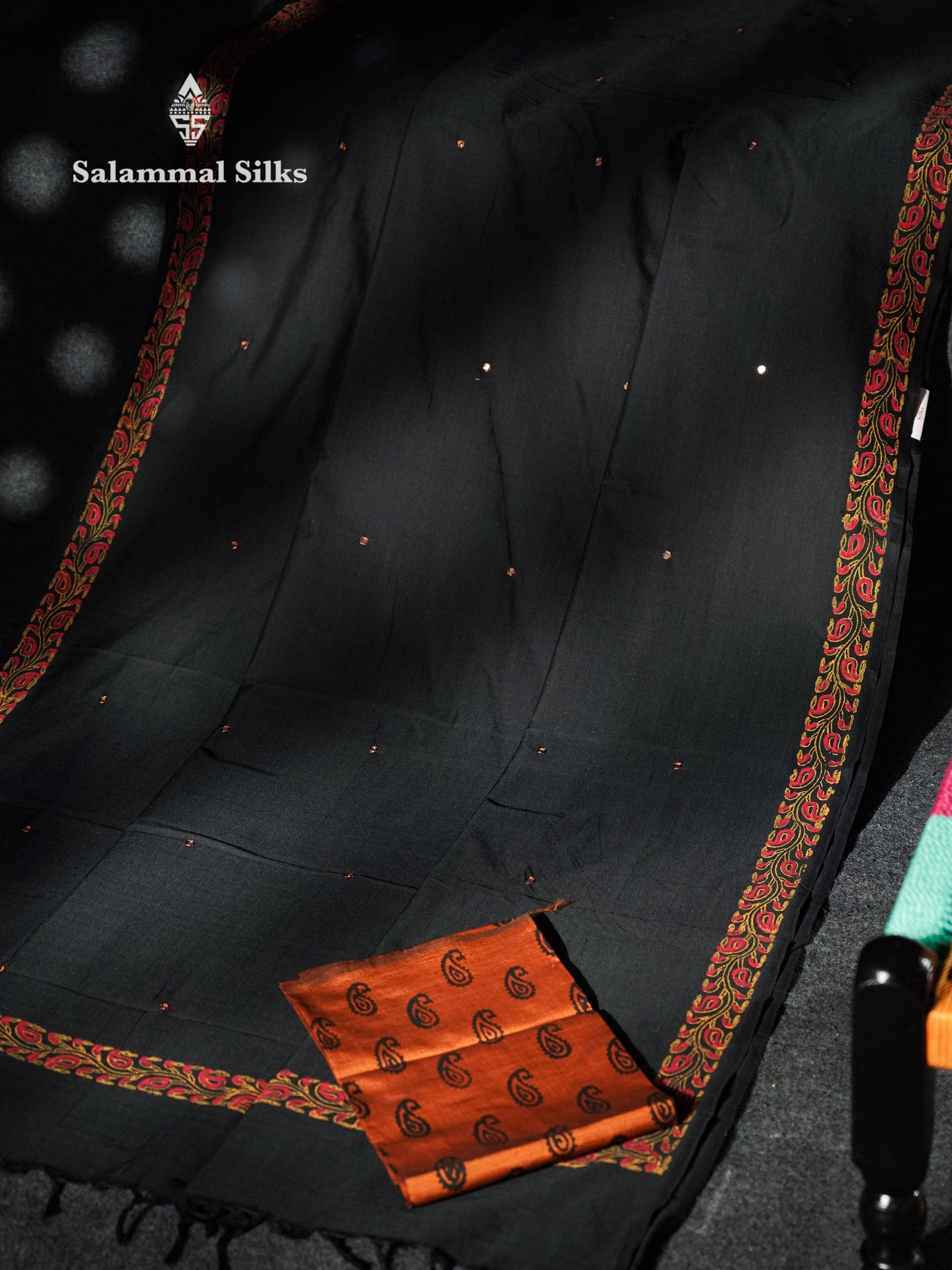 Beautiful Black Mirror Work Printed South Cotton Saree With Contrast Mustard Yellow Blouse