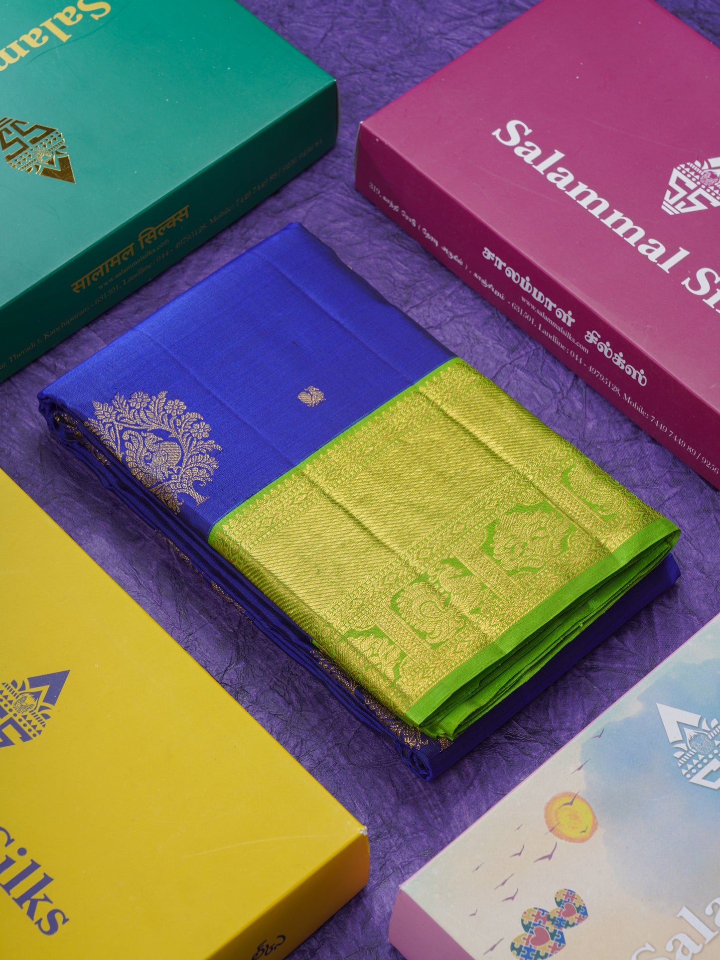Royal Blue Beautiful Traditional Buttas Pure Kanjivaram Silk Saree With Parrot Green Evening Morning Korvai Border