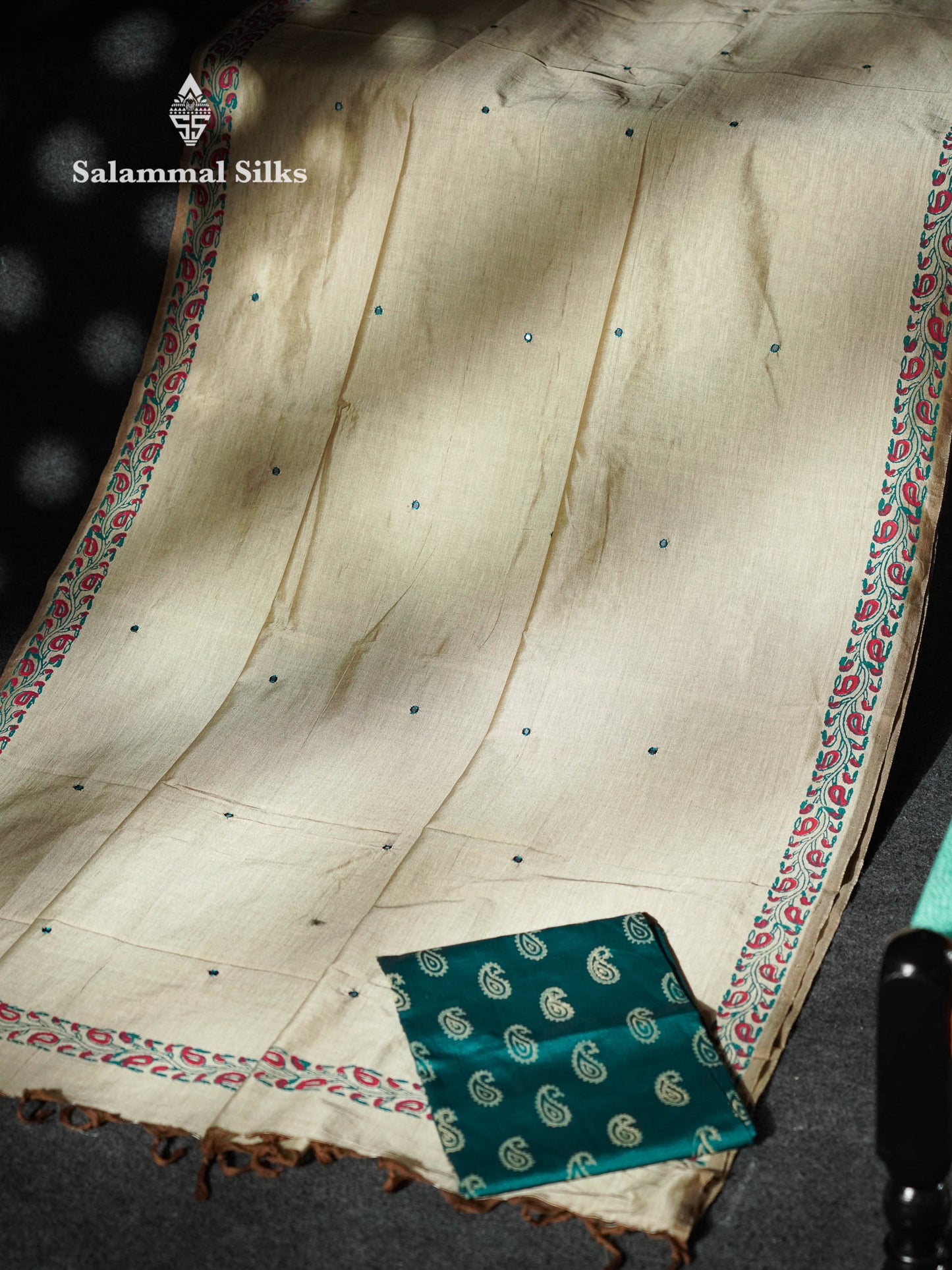 Beautiful Beige Mirror Work Printed South Cotton Saree With Contrast Peacock Blue Blouse