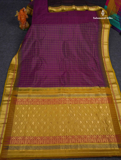 Pure Kanjivaram Silk Saree - Dark Purple Colour Body Checks With Contrast Mehandi Green Traditional Small Border