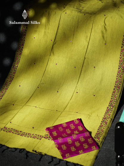 Beautiful Parrot Green Mirror Work Printed South Cotton Saree With Contrast Vadamalli Blouse
