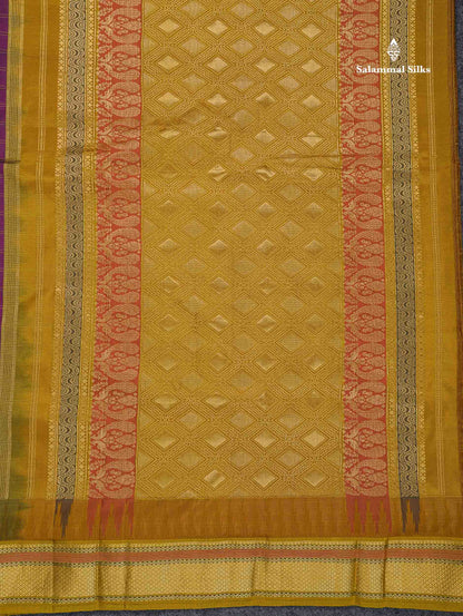 Pure Kanjivaram Silk Saree - Dark Purple Colour Body Checks With Contrast Mehandi Green Traditional Small Border