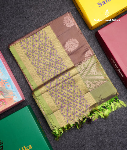 Light Chocolate Pure Silk Mix Soft Silk Saree With Contrast Parrot Green Meenakari Work Border
