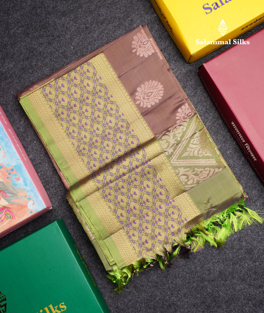 Light Chocolate Pure Silk Mix Soft Silk Saree With Contrast Parrot Green Meenakari Work Border