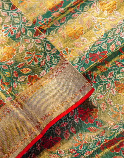 Sapphire Green Meenakari Work Beautiful Tissue Bridal Pure Kanjivaram Silk Saree With Paithani Border