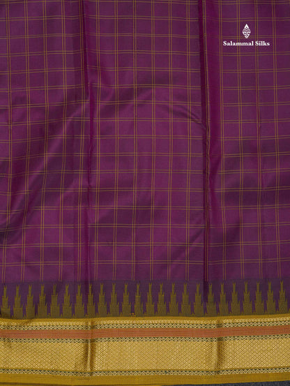 Pure Kanjivaram Silk Saree - Dark Purple Colour Body Checks With Contrast Mehandi Green Traditional Small Border