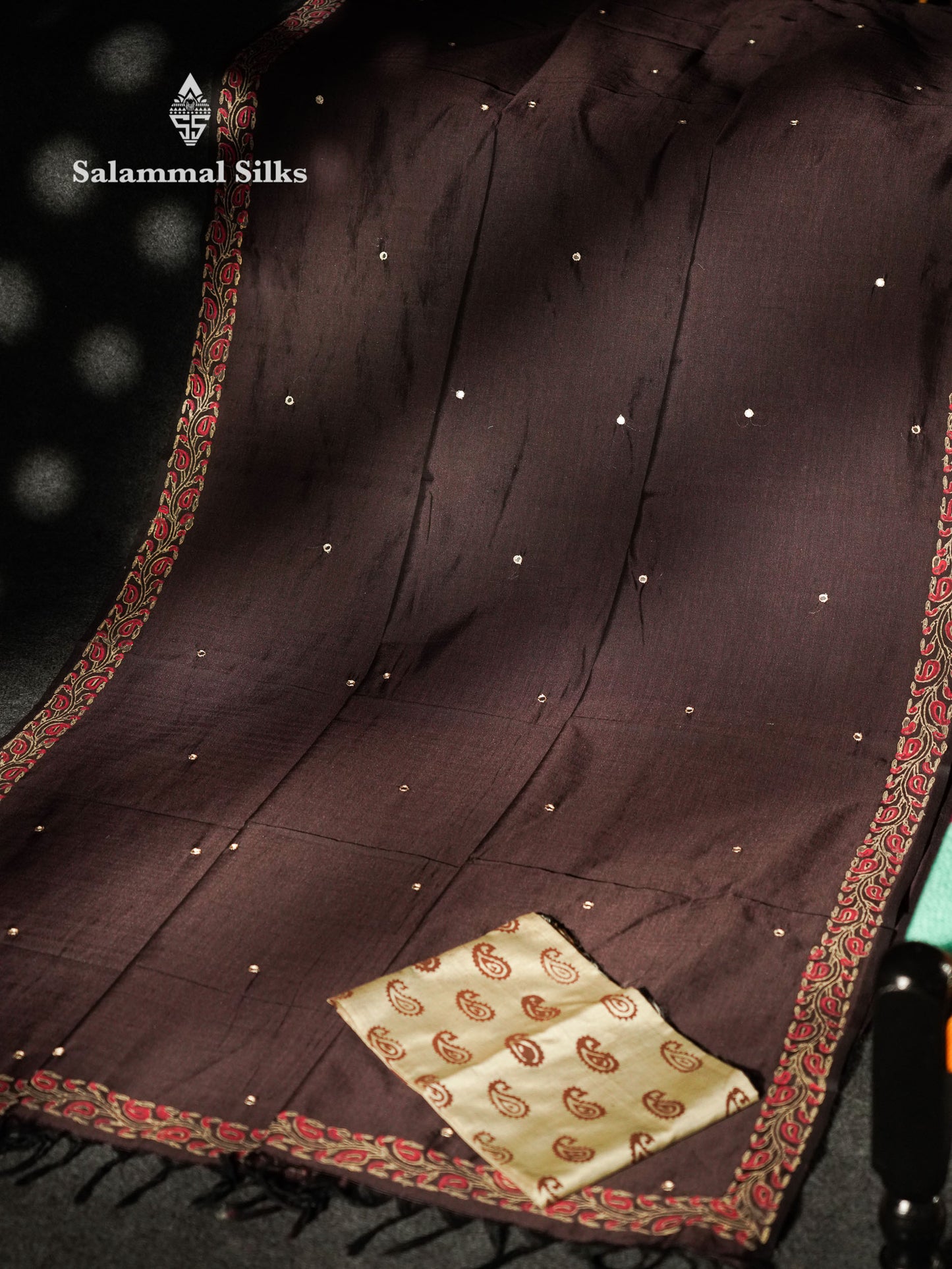 Beautiful Dark Brown Mirror Work Printed South Cotton Saree With Contrast Beige Blouse