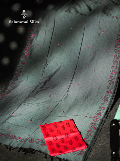 Beautiful Dark Grey Mirror Work Printed South Cotton Saree With Contrast Pink Blouse