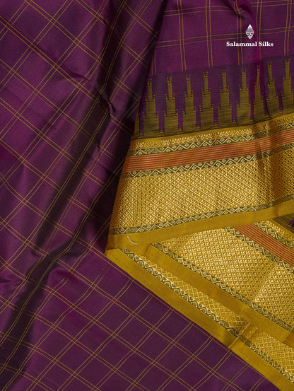 Pure Kanjivaram Silk Saree - Dark Purple Colour Body Checks With Contrast Mehandi Green Traditional Small Border