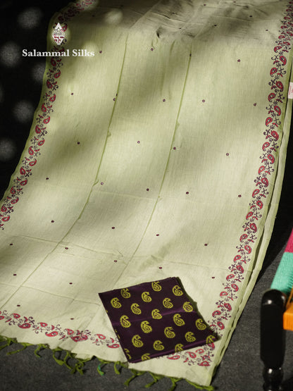 Beautiful Pista Green Mirror Work Printed South Cotton Saree With Contrast Violet Blouse