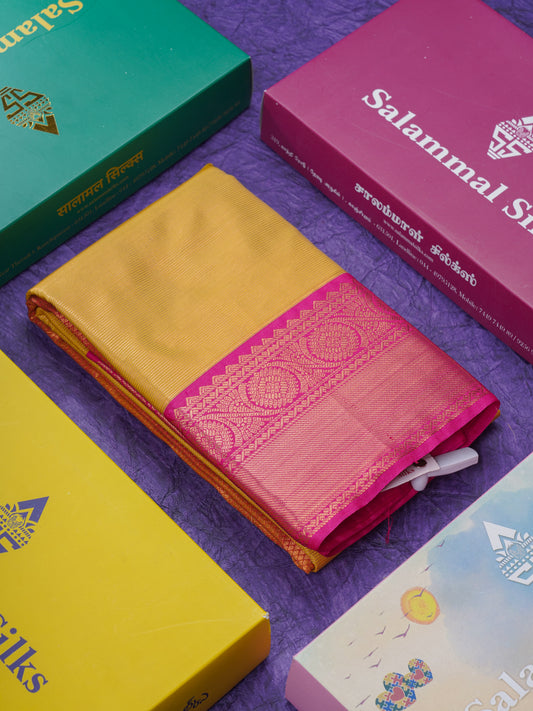 Mustard Yellow Vaira Oosi Semi Silk Saree With Contrast Pink Traditional Border