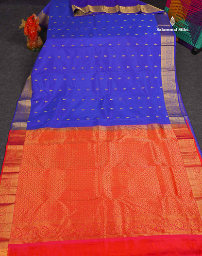 Pure Kanjivaram Silk Saree - Royal Blue Colour Body With Butta & Contrast Pinkish Orange Blouse