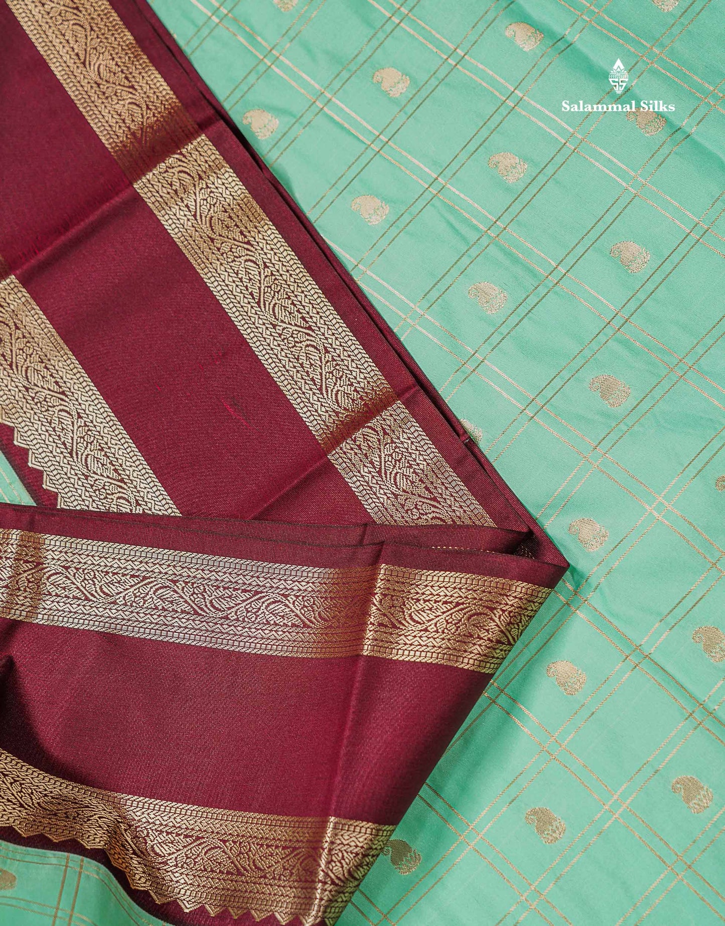 Semi Silk Saree - Onion Pink Mango Butta With Checks Along With Contrast Dark Brown Traditional Gap Border