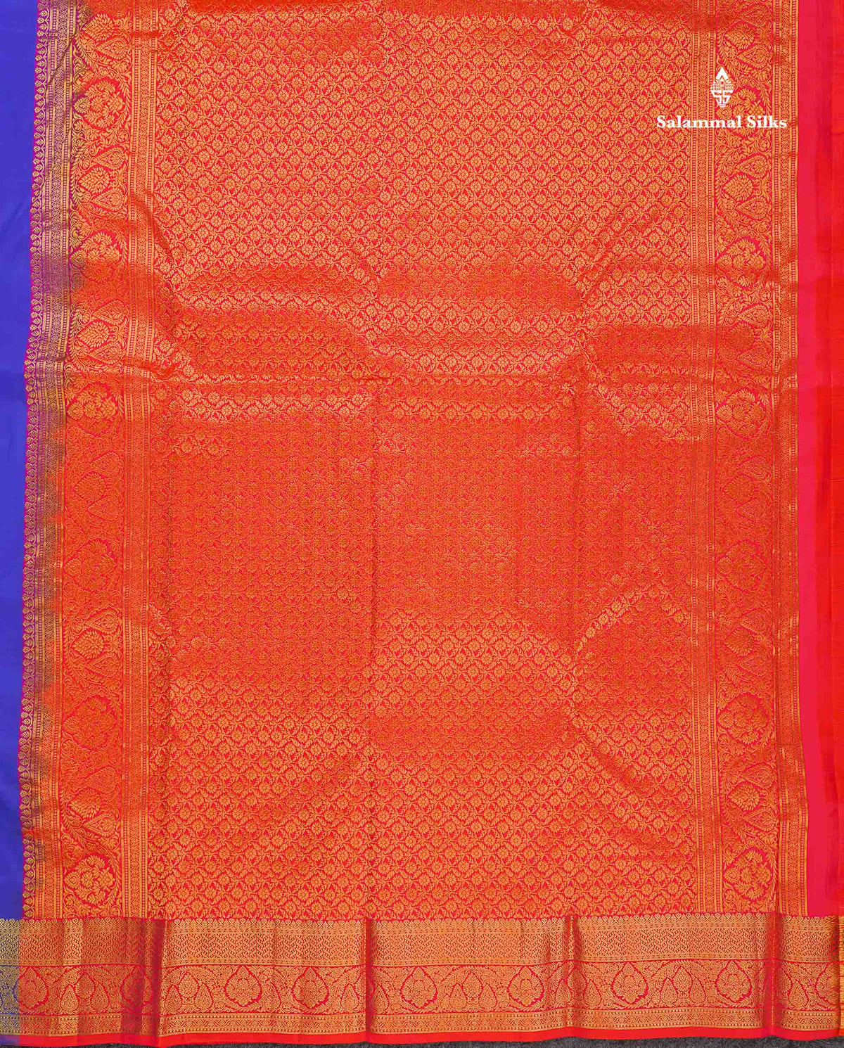 Pure Kanjivaram Silk Saree - Royal Blue Colour Body With Butta & Contrast Pinkish Orange Blouse