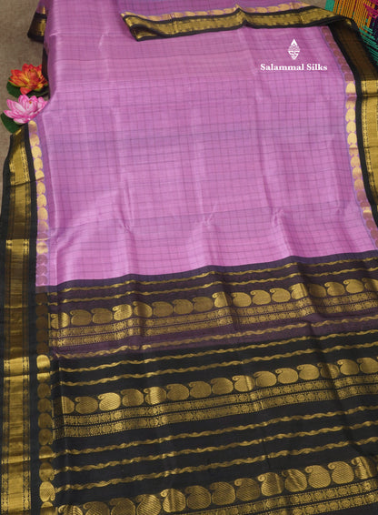 Purple Small Checks Pure Silk Cotton Saree With Contrast Black Traditional Border