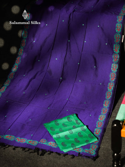Beautiful Violet Mirror Work Printed South Cotton Saree With Contrast Sapphire Green Blouse