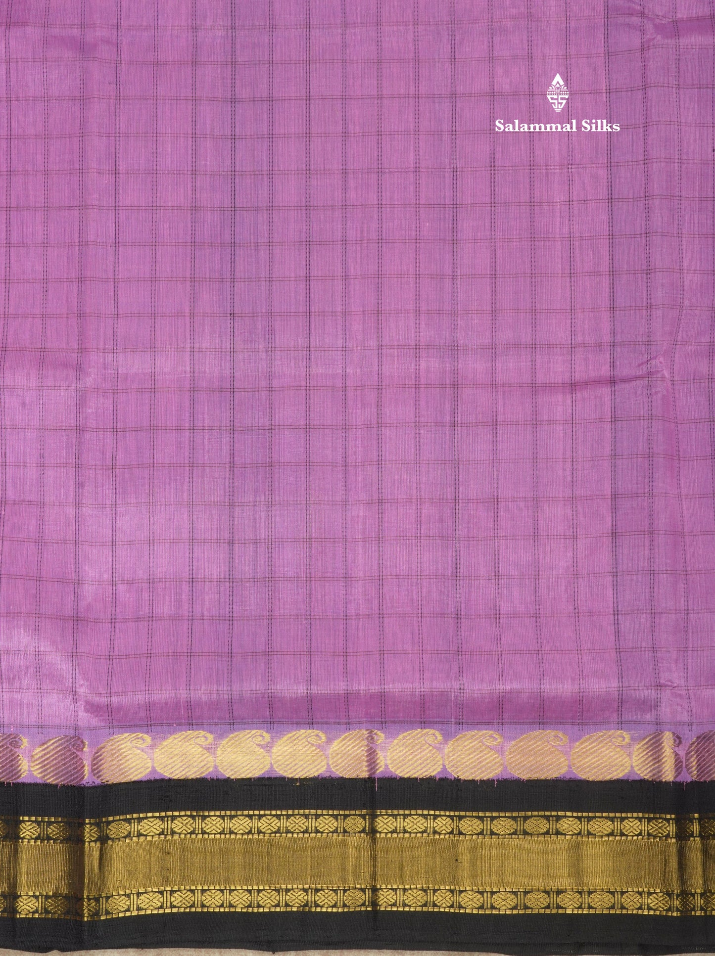 Purple Small Checks Pure Silk Cotton Saree With Contrast Black Traditional Border