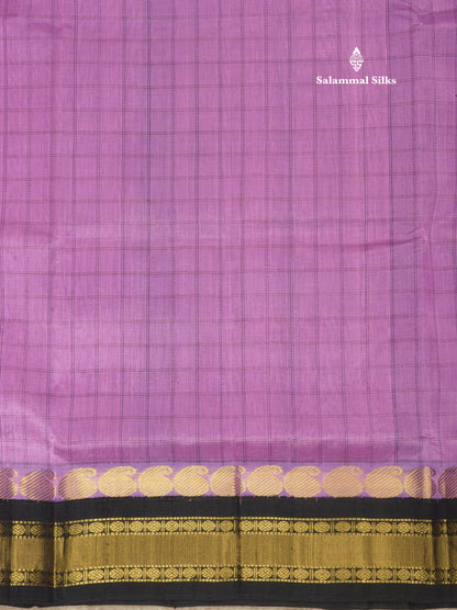 Purple Small Checks Pure Silk Cotton Saree With Contrast Black Traditional Border