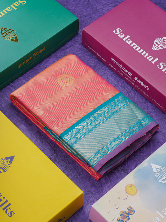 Dual Tone Pinkish Orange Alai Vaira Oosi Semi Silk Saree With Contrast Peacocok Green Border