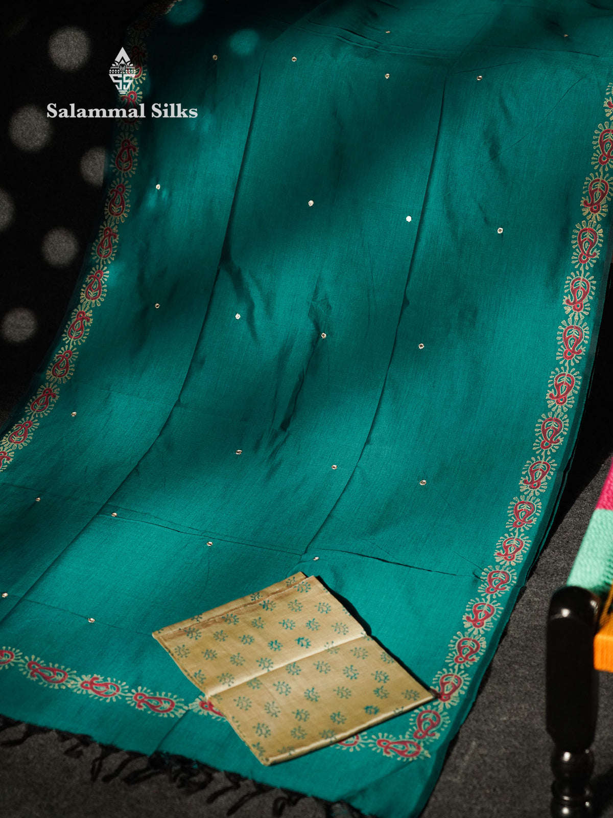 Beautiful Peacock Green Mirror Work Printed South Cotton Saree With Contrast Beige Blouse